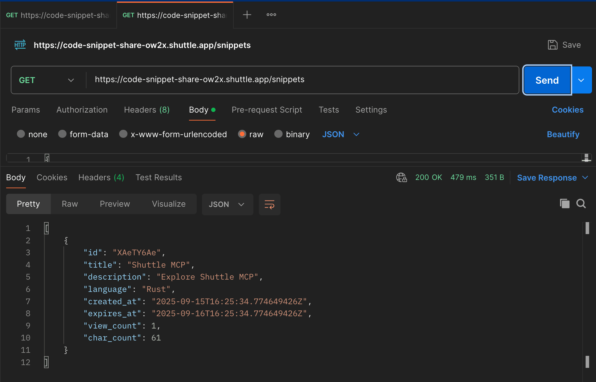 Postman request to retrieve all snippets