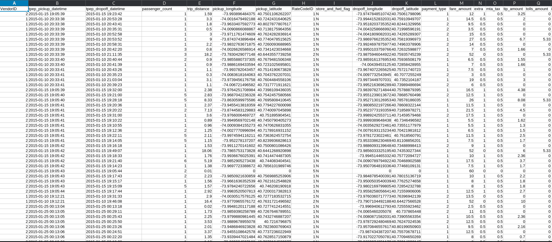Screenshot of Dataset sample showing column structure and data types from NYC taxi data